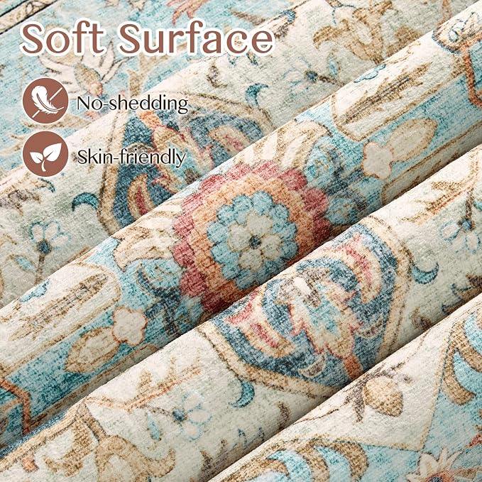 Tortania Area Rug Living Room Rugs - 3x5 Washable Rug Vintage Oriental Distressed Farmhouse Small Thin Indoor Carpet for Living Room Bedroom Under Dining Table Home Office - Aqua Multi