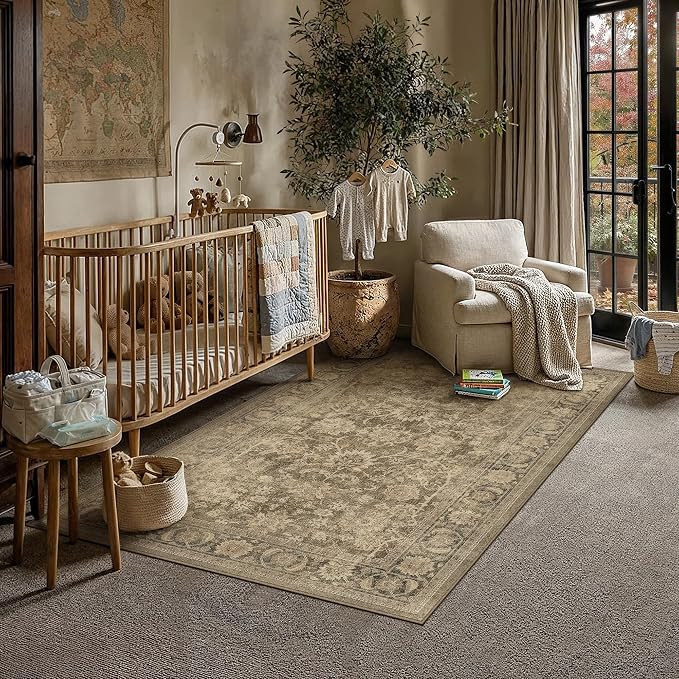 PureCozy 4x6 Brown Office Area Rug Vintage Washable Non Slip Indoor Carpet Entryway Kitchen Door Mat Distressed Low Pile Soft Retro Accent Throw Rug for Bedroom Living Room Dining Room