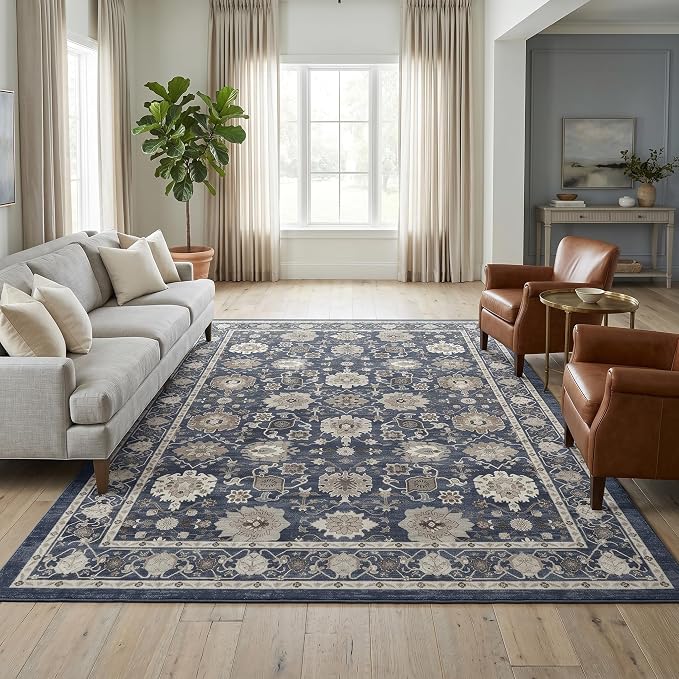 AMADA HOMEFURNISHING 8x10 Area Rug for Living Room,Vintage Washable Area Rug Low-Pile & Non-Slip Carpet for Bedroom Dining Room Nursery Home Office, Navy Blue/Brown