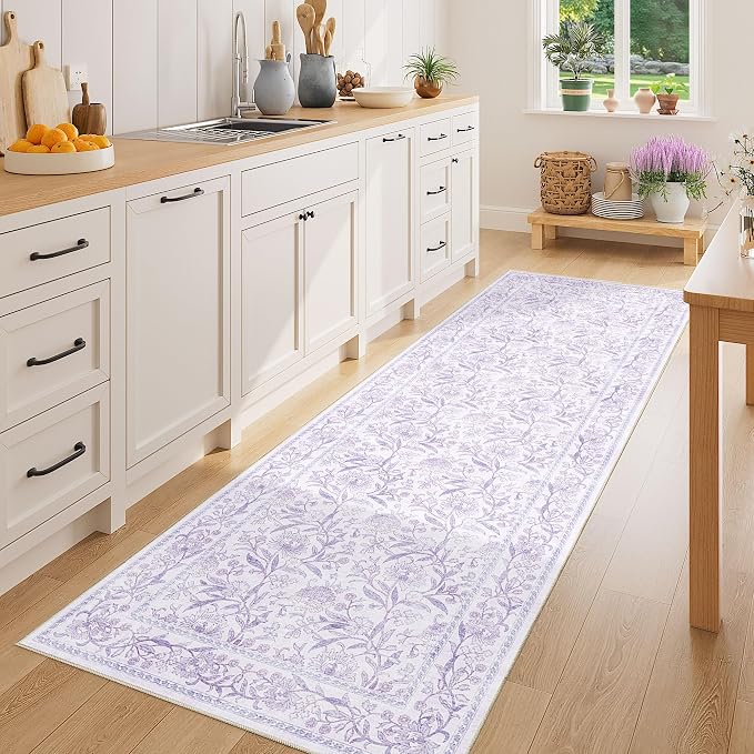 DUKINO 2x6 Runner Rug, Washable Vintage Floral Kitchen Rug, Purple | Non Slip, Low Pile, Non-Shedding, Stain Resistant Soft Carpet Runner for Hallway Bathroom Entryway Bedroom Laundry Farmhouse