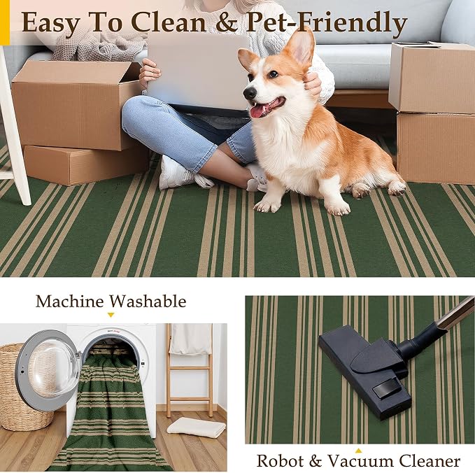PureCozy Outdoor Rug 5x7 Washable Striped Jute Look Non Slip Carpet | Green and Tan Stripe Farmhouse Style, Indoor Outdoor Area Rugs for Patio, Living Room, Dining Room, Non Shedding, Neutral Rug