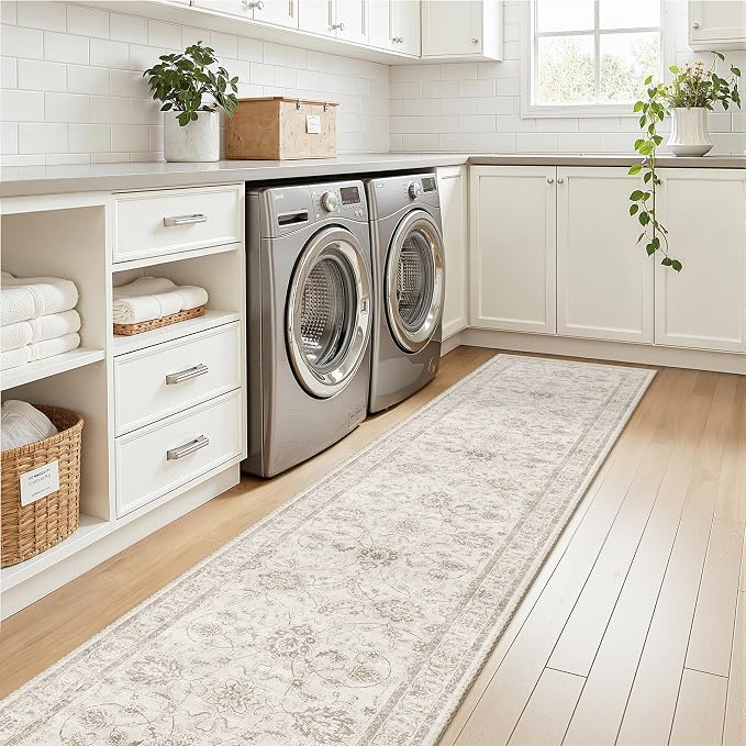 Madane Runner Rug 2x12 for Hallway, Kitchen Non-Slip Runner Rug with Rubber Backing, Vintage Soft Low Pile Throw Neutral Carpet Runner for Laundry Room Entryway Bathroom Bedroom (2 x 12, Brown/Ivory)