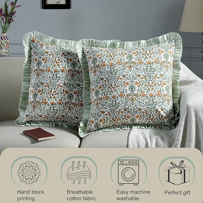 Ridhi Block Print Goldenrod Yellow Throw Pillow Cover 20" x 20" (Pack of 2) Decorative Cushion Covers with Ruffle for Couch, Sofa, Bed, Living Room, Home Decor Gift for Spring, Easter, Valentine