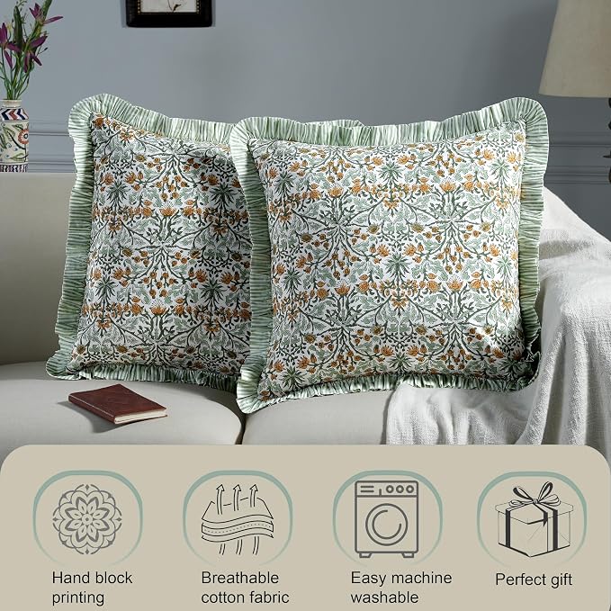 Ridhi Block Print Goldenrod Yellow Throw Pillow Cover 24" x 24" (Pack of 2) Decorative Cushion Covers with Ruffle for Couch, Sofa, Bed, Living Room, Home Decor Gift for Spring, Easter, Valentine