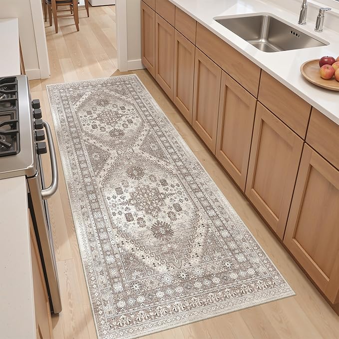 befbee Washable Runner Rug 2x6 Hallway Runner Rug Ultra-Thin Kitchen Rug Non Slip Indoor Floor Foldable Carpet with Low Pile for Entryway Bathroom Laundry Room Living Room(Brown/Beige,2'x6')