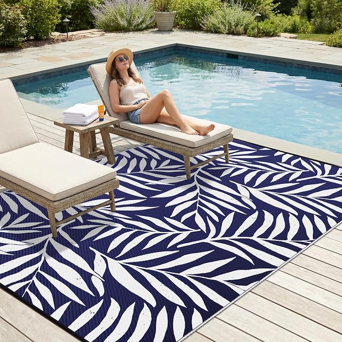 Smiry Outdoor Rug 8x10 ft, Waterproof Reversible Plastic Straw Rugs, Outdoor Area Rug with Leaf Pattern, Outside Floor Mat for Patio, Backyard, Deck, Picnic, Beach, Camping, Navy & White