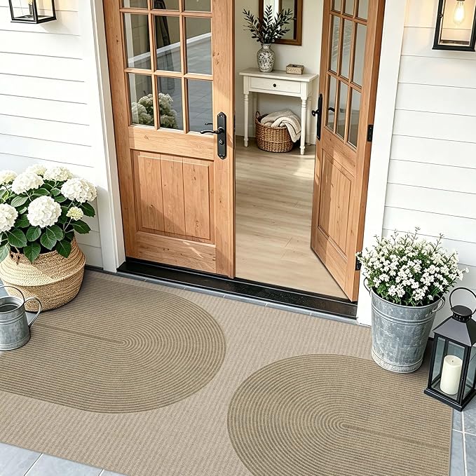 Non-Slip Jute Rug for Entryway: 3x5 Outdoor Mat - Taupe Curve Pattern | Safe Walking for Family All Day and Help with Cutting Slip Falls by 70%