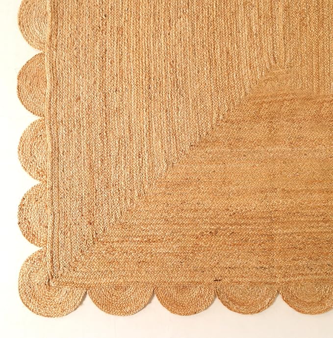 Scalloped Natural Jute Area Rug 6x9ft Handwoven Natural Living Room Bedroom