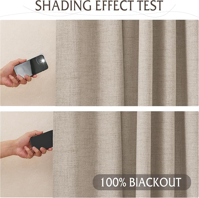 RYB HOME Pinch Pleated Full Blackout Curtains Linen Blended Window Curtains 96 inches for Living Room Bedroom Home Office Privacy Thermal Insulated Drapes, W 42 x L 96 inch, Beige, 2 Panels