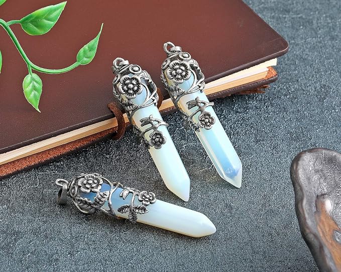 Top Plaza Antique Silver Flower Wrapped Synthetic Opalite Healing Crystal Necklace
