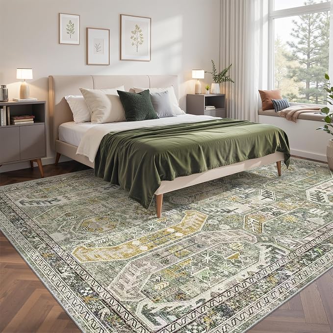 befbee Washable Rug 8x10 Area Rugs for Living Room - Stain Resistant Non-Slip Backing Rugs for Bedroom - Vintage Large Area Rug (Green/Gold, 8'x10')