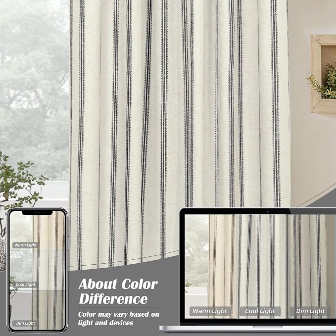 DriftAway Farmhouse Stripe Blackout Curtains, W52xL84, Black | Blackout, Linen Texture, Stripe Pattern, Rod Pocket & Back Tab, Two Layers, Bedroom Living Room Use, Sound Reducing Design