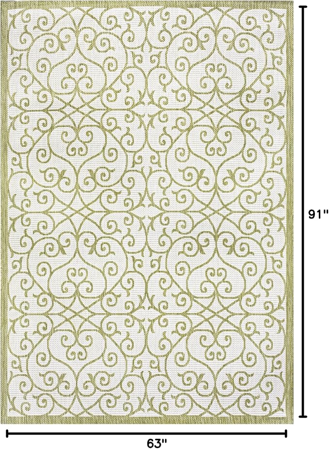 JONATHAN Y Vintage Filigree Indoor Outdoor Area Rug 5X8 Green/Cream, Madrid Textured Weave for Backyard, Patio, Porch, Easy-Cleaning, High Traffic, Pet-Friendly, Non-Shedding (SMB107H-5)