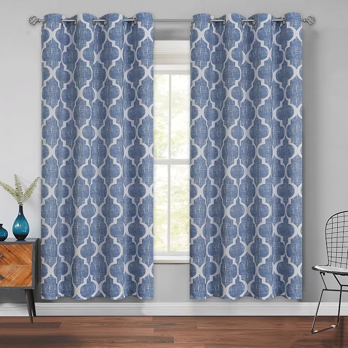 Beauoop Moroccan 100% Blackout Curtains Bedroom Blue 50x72 2 Panels | Geometric Room Darkening Drapes for Living Room 72 Inch Long Thermal Insulated Soundproof Lattice Window Treatment Grommet