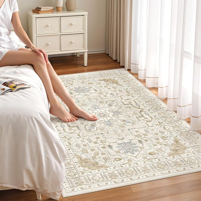 Area Rugs for Living Room - 4x6, Boho Non-Slip Low Pile Carpet Machine Washable Rugs for Bedroom Office, Dining Room (Beige)