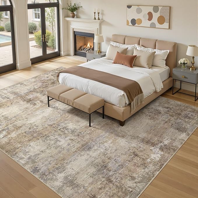 10x12 Large Area Rugs for Living Room, Washable Soft High-Low Pile | Neutral Modern Abstract Carpet, Non Slip Lightweight Made for Dining Room, Nursery, Home Office Indoor Decor - Dark Brown