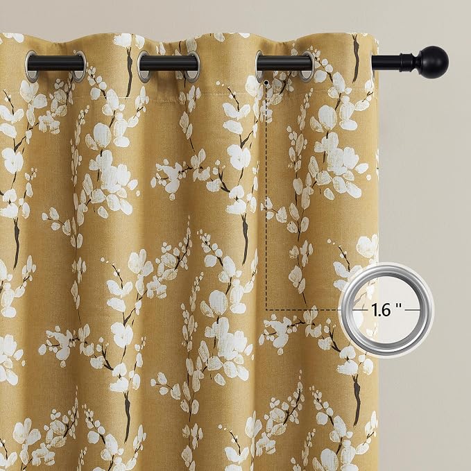 FMFUNCTEX 100% Blackout Yellow Floral Curtains 84 Inch Grommet 2 Panels | Black Out Drapes, Thermal Insulated Cottage Farmhouse, Blossom Flower Patterned Curtain for Bedroom, Living Room Darkening