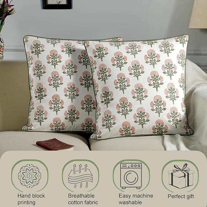 Ridhi Block Print Mughal Buta Peach Pillow Cover 24" x 24" (Pack of 2) Decorative Couch Pillows for Living Room, Farmhouse Chic Boho Cute Outdoor Pillows Covers Gifts for Spring, Mother's Day