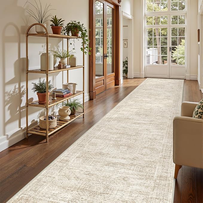 3x14 Runner Rug Non Slip,Washable Hallway Runner Rug,Beige | 14 ft Runner Rug for Hallway,Entryway,Bedroom,Living Room,Thin,Soft, Extra Long Rug,Stain Resistant Indoor Carpet