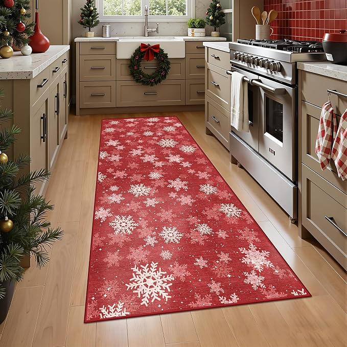 2x5 Christmas Runner Rug for Kitchen, Snowflake Rugs for Bathroom, Washable Hallway Runner with Non-Slip Backing, Soft Red and White Christmas Decor Indoor(2'x5', Red/White)
