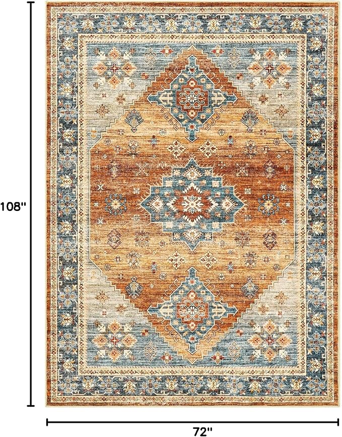 Roxstand 6x9 Washable Area Rug, Non Slip Living Room Rug Navy/Orange | Low Pile Vintage Rug, Stain Resistant, Non-Shedding Design, Pet & Kid Friendly, Carpet for Bedroom, Dining Room Office