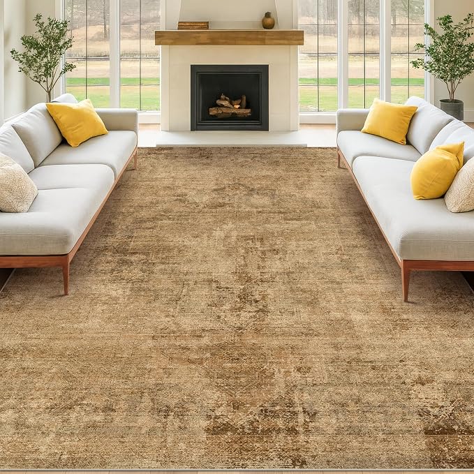 Hazo Haus Large Brown Golden Rug for Living Room - Rustic Farmhouse 9x12 Area Rug for Dining Room Table, Bedroom Under Bed, Non Slip with Rubber Backing & Stain Resistant