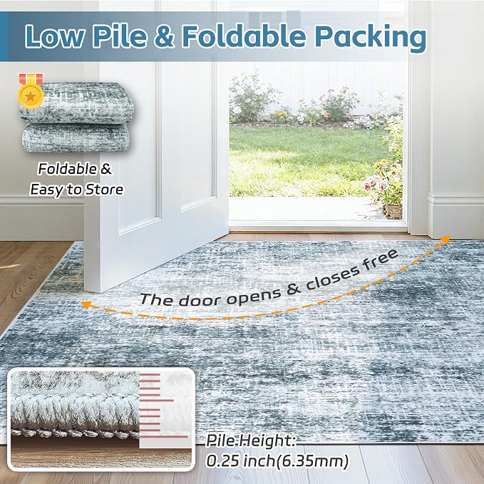 5x7 Area Rugs Washable Rug:Anti-Skid Abstract Modern Living Room Rug Soft Thin Carpets Indoor Floor Non-Shedding Carpet for Bedroom Dining Farmhouse Nursery Home Office(Light Slate Blue/White, 5x7)