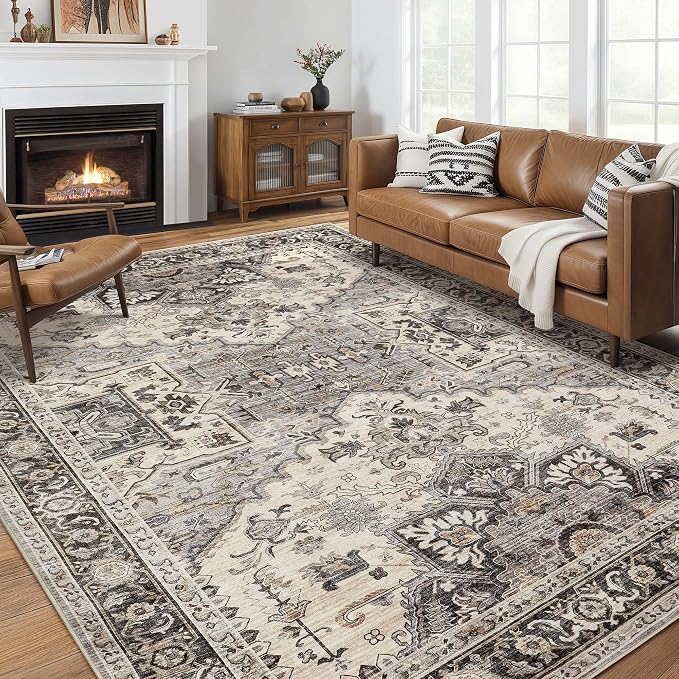 Area Rug for Living Room - 10x14 Soft Machine Washable Oriental Vintage Floral Distressed Large Indoor Floor Carpet for Bedroom Under Dining Table Home Office Decor - Brown