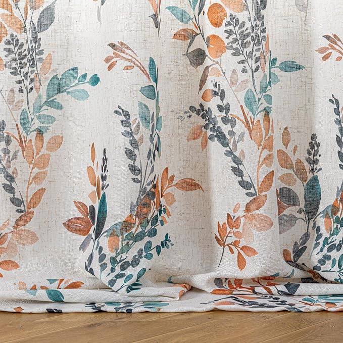 MYSKY HOME Floral Linen Curtains 90 inch Long 2 Panels Set Leaf Patterned Semi Sheer Light Filtering Privacy Farmhouse Grommet Drapes for Living Room Bedroom, 52" Wide Each Panel, Burnt Orange