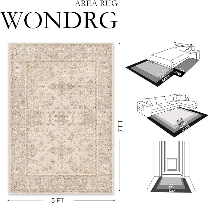 2x6 Beige Washable Runner Rug Non Slip Vintage Carpet | Soft Low Pile, Lightweight Foldable, Pet Friendly, Hallway, Kitchen, Bathroom, Front Door, Beside Bed