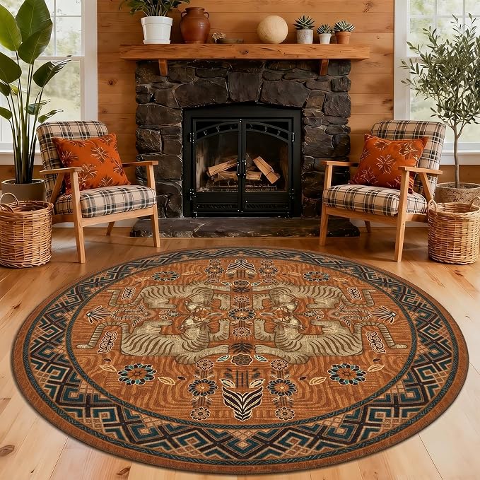 GarveeHome Tiger Round Area Rugs for Living Room, 8ft Boho Orange Animal Print Circle Rugs Non Slip, Washable Vintage Tribal Floor Carpet for Dining Room Entryway Nursery Playroom Office