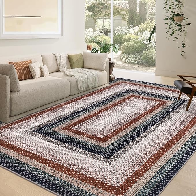 RUGSREAL Braided Washable Area Rug 8x10 Large Rug for Living Room Modern Braid Bedroom Rug Non Slip Stain Resistant Dining Room Throw Carpet Soft Farmhouse Accent Carpet for Home Decor, Olive/Brown