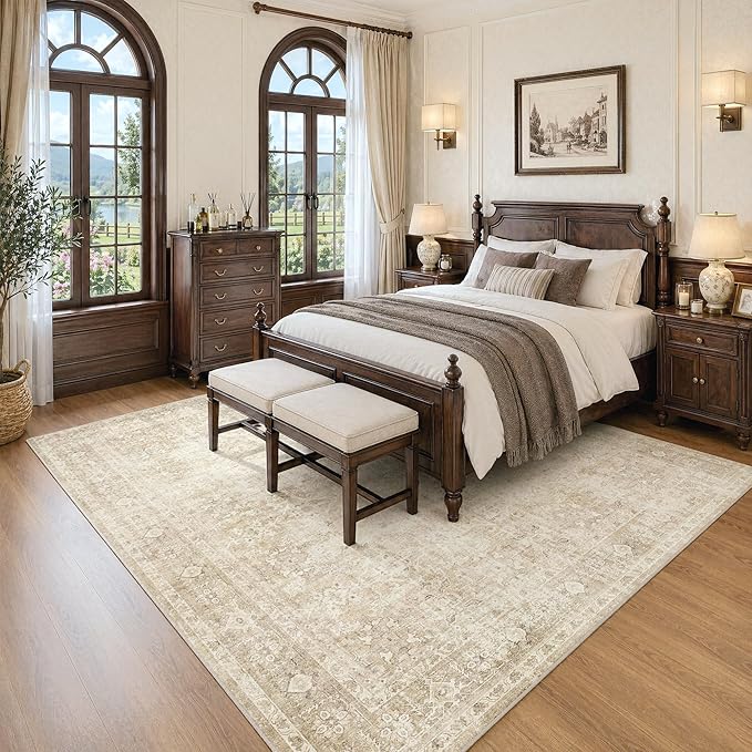 FMFUNCTEX 9x12 Washable Area Rug Beige Neutral Vintage Distressed Oriental Large Non Slip Carpet for Living Room Bedroom Traditional Retro Soft Low Pile Indoor Rugs for Dining Room Office Nursery