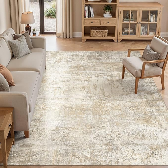 cotiled 9x12 Rugs for Living Room Abstract Soft Non Slip Washable Area Rug | Stain Resistant, Robot Vacuum & Pet Friendly, Low-pile, For Living Room, Bedroom, Dining Table, Nursery Beige