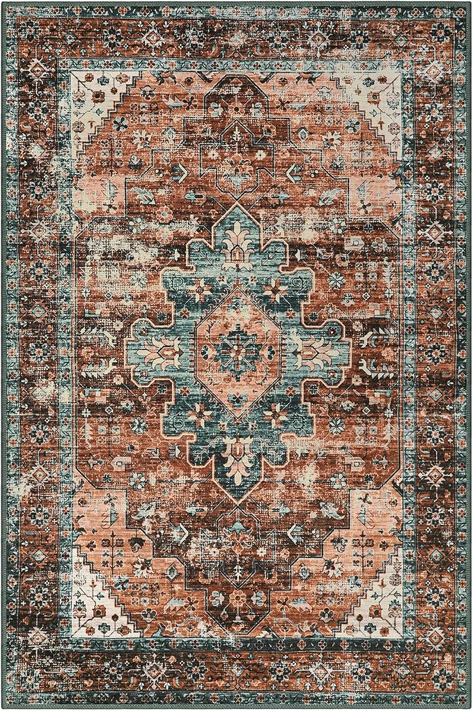 Moynesa Ultra-Thin Washable 10x14 Area Rugs for Living Room, Boho Large Living Room Rug Non Slip,Vintage Oriental Indoor Floor Carpet for Dining Room Table Dorm Home Office Decor, Brick Red