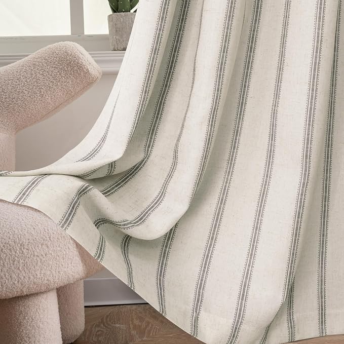 DriftAway Farmhouse Linen Stripe Blackout Curtains, W52xL72, Gray | Blackout, Linen Texture, Stripe Pattern, Rod Pocket & Back Tab, Two Layers, Bedroom Living Room Use, Sound Reducing Design