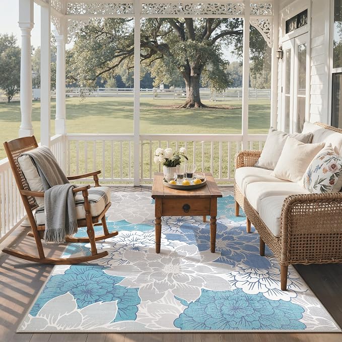 GENIMO 5x8 Outdoor Rug, Washable for Patio and Deck, Aqua Grey | Floral design for porch; fade resistant chenille with quick-dry non-slip backing for indoor sunroom