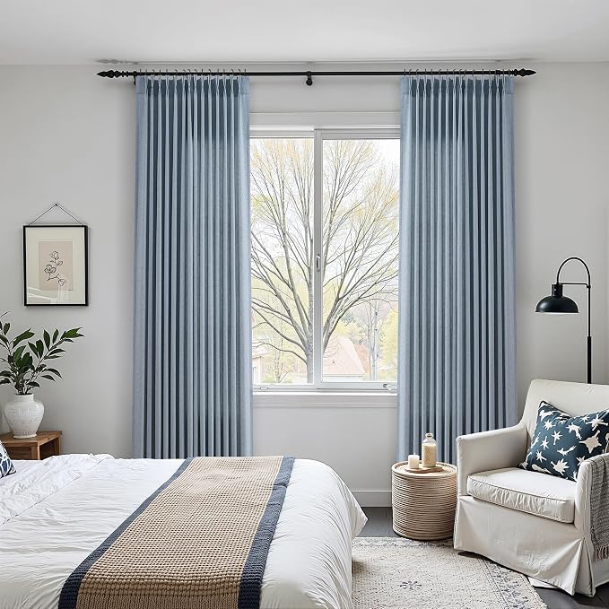 Aersas Stone Blue Extra Long Pinch Pleat Linen Curtains 112 Inches Long 2 Panels for Living Room Bedroom Light Filtering Back Tab Pleated Drapes 112 Inch Length Semi Sheer Ceiling Floor Curtain