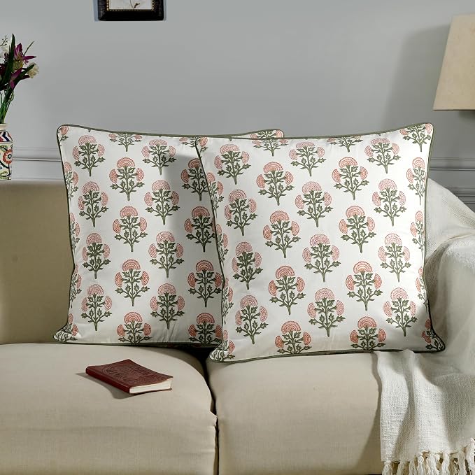 Ridhi Block Print Mughal Buta Peach Pillow Cover 18" x 18" (Pack of 2) Decorative Couch Pillows for Living Room, Farmhouse Chic Boho Cute Outdoor Pillows Covers Gifts for Spring, Mother's Day