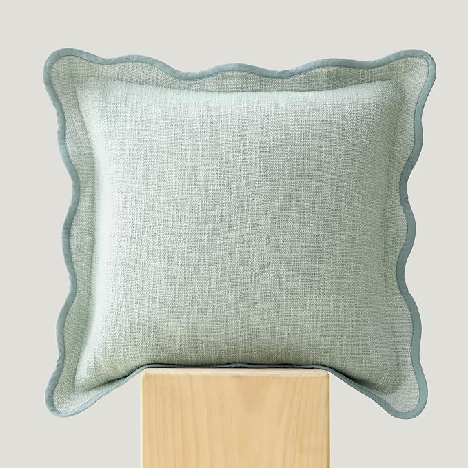 Double Stitch Scalloped Throw Pillow Covers - 100% Cotton Decorative Boho Pillow Covers 20 x 20 inch, Made in India, Square Cushion Case, Modern Home Decor for Couch Sofa Living Room, Green Forest
