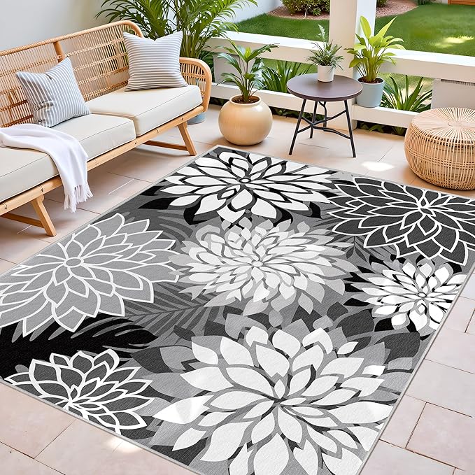 5x8 Outdoor Area Rug Washable Multicolored Patio Rug Tropical Botanical Floral Chenille Waterproof Outdoor Carpet for Living Room, Deck, Backyard, Porch, Black