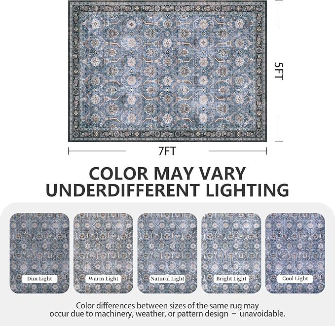 5x7 Area Rugs, Soft Non Slip Low Pile Washable Rug, Boho Modern Rug for Living Room, Bedroom, Dining Room, Blue