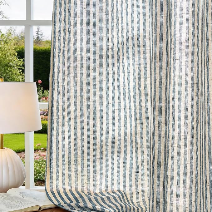 Vangao Linen Striped Curtains for Living Room Bedroom Farmhouse Tickingstripe Light Filtering Window Curtains Printed Drapes Grommet Top 2 Panels Blue W50 x L108