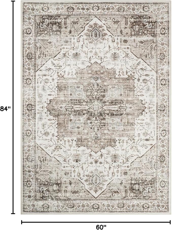 Roxstand 5x7 Washable Area Rugs, Non Slip Living Room Rug Brown | Low Pile Vintage Rug, Stain Resistant, Non-Shedding Design, Pet & Kid Friendly, Carpet for Bedroom, Dining Room Office