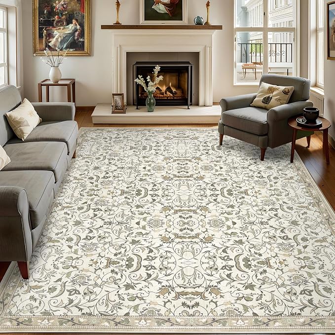 4×6 Washable Large Area Rugs for Living Room, Floral Soft Rug Non Slip Stain Resistant Carpet for Bedroom Dining Room Kitchen Farmhouse Home Decor，Beige Multi 061