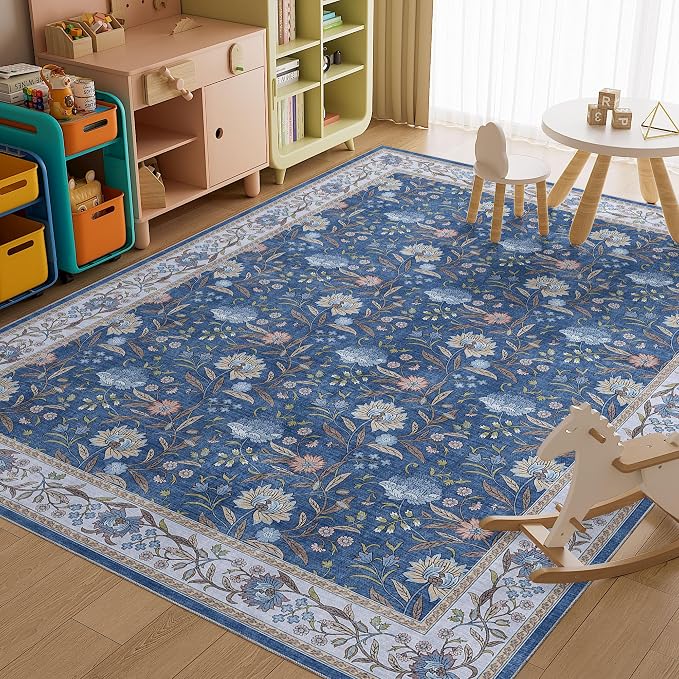 DUKINO 9x12 Area Rug for Living Room Vintage Floral Washable Rug, Sky Blue | Non Slip, Low Pile, Non-Shedding, Stain Resistant, Aesthetic Soft Indoor Large Carpet for Bedroom Dining Room Farmhouse