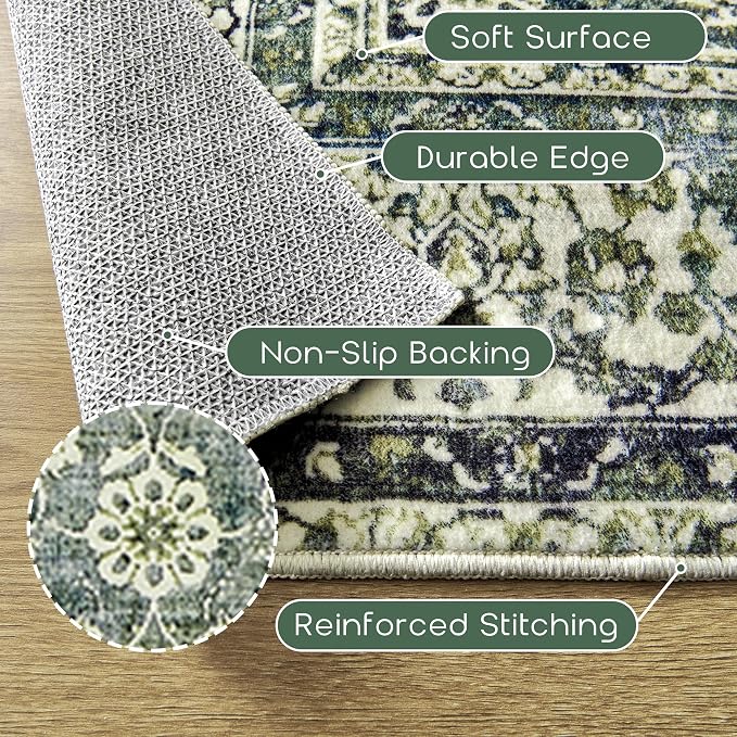 Dark Green Area Rugs 8x10 for Living Room Washable Non Slip Low Pile Blue and Green Rug Boho Vintage Floral Distressed Indoor Large Carpet for Bedroom Under Bed Dining Room Under Table 8 x 10,Teal