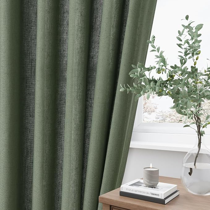 Olive Green Pinch Pleat Linen Curtains 120 Inches Long for Living Room Pleated Drapes Hooks Back Tab Light Filtering Boho Farmhouse Extra Long Semi Sheer 120 Inch Curtain for Dining Room Bedroom