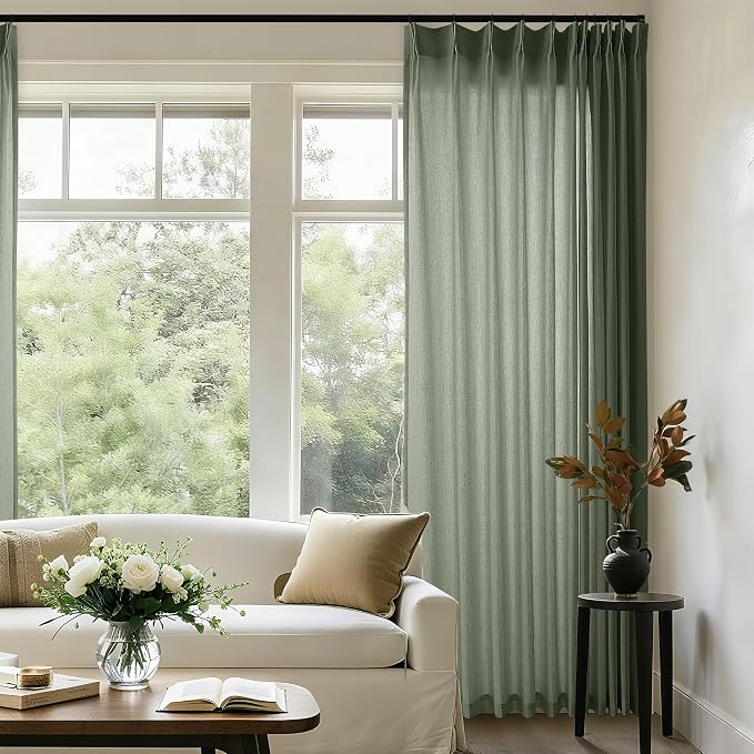 Pinch Pleated Extra Wide Curtain Panels 90 Inches Long 72 Wide Linen | Semi Sheer Drapes, for Living Room Patio Sliding Glass Door, Olive Green, 72x90 Inch Length Drapes, with Hooks Rings, 1 Panel
