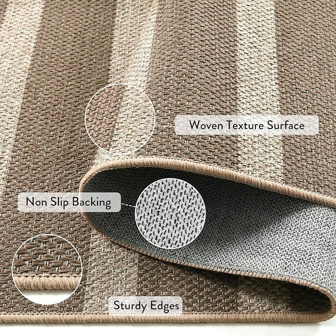 Lahome Striped Easy Jute Outdoor Patio Rug, 3x5 Washable Rugs for Porch | Indoor Living Room Area Rugs Non Slip, Modern Farmhouse Neutral Carpet for Entryway Backyard Bedroom Rv, Khaki